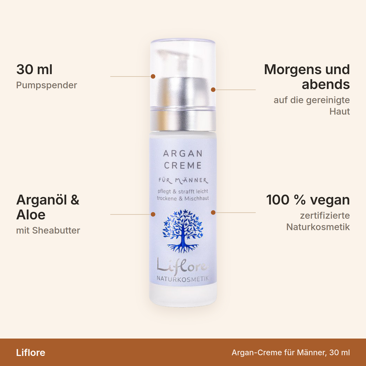 Liflore Argan-Creme – 30 ml Pumpspender, Arganöl und Aloe, morgens und abends, 100 Prozent vegan