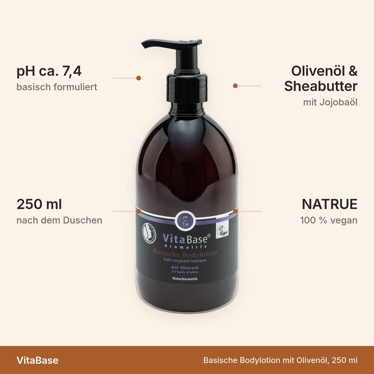 VitaBase Basische Bodylotion – pH ca. 7,4, 250 ml, Olivenöl und Sheabutter, NATRUE