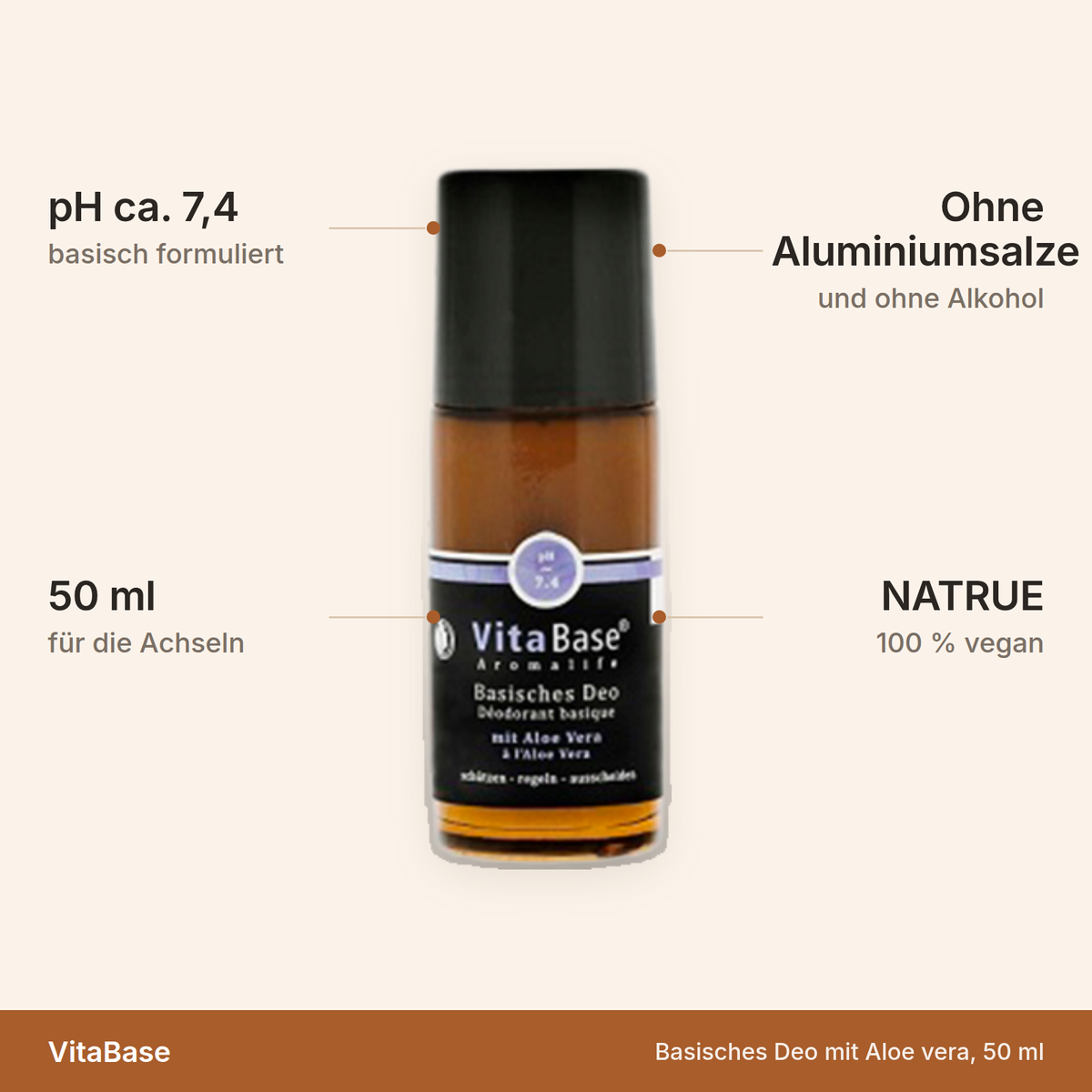 VitaBase Basisches Deo – pH ca. 7,4, 50 ml, ohne Aluminiumsalze, NATRUE-zertifiziert