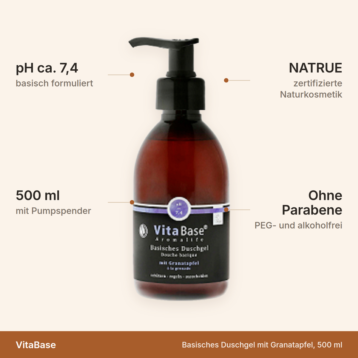 VitaBase Basisches Duschgel – pH ca. 7,4, 500 ml, NATRUE-zertifiziert, ohne Parabene