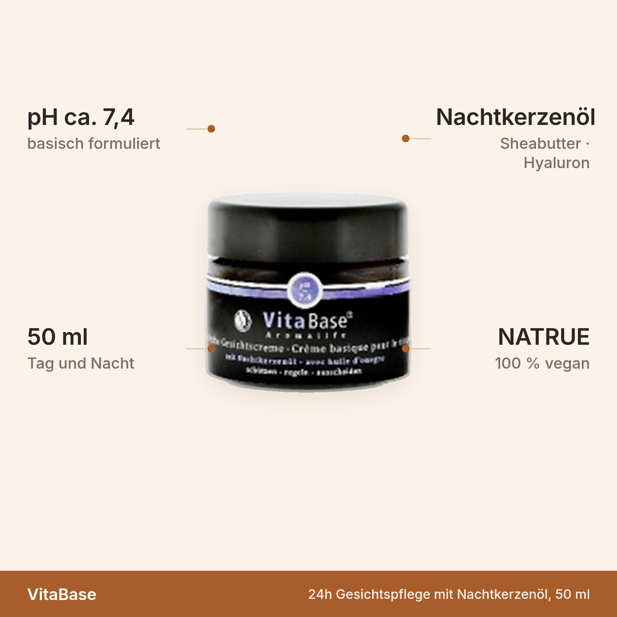 VitaBase 24h Gesichtspflege – pH ca. 7,4, 50 ml, Nachtkerzenöl und Sheabutter, NATRUE