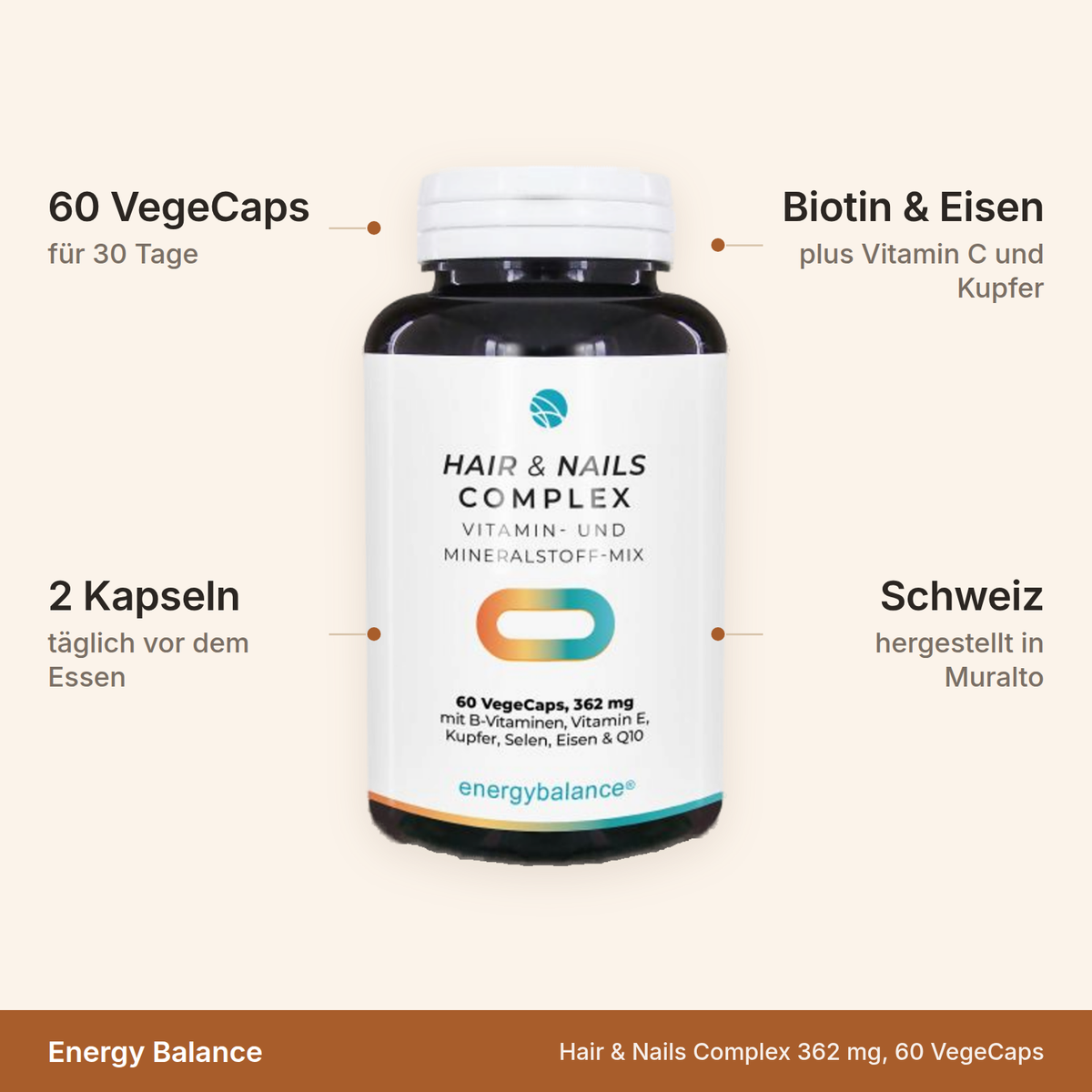 Hair & Nails Complex – 60 VegeCaps für 30 Tage, 2 Kapseln täglich, Biotin und Eisen, Schweizer Herstellung