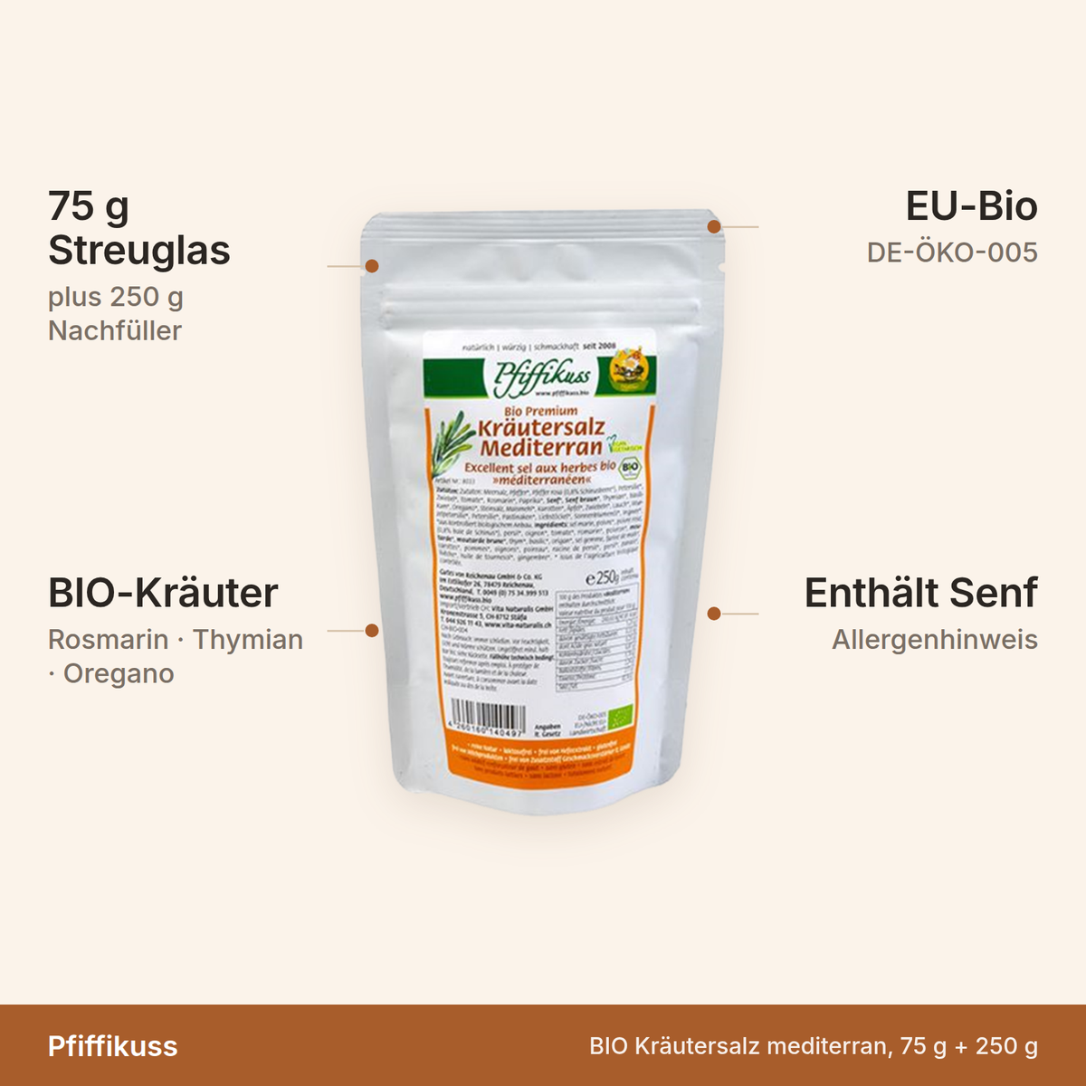 BIO Kräutersalz mediterran – 75 g Streuglas plus 250 g Nachfüller, BIO-Kräuter, EU-Bio, enthält Senf