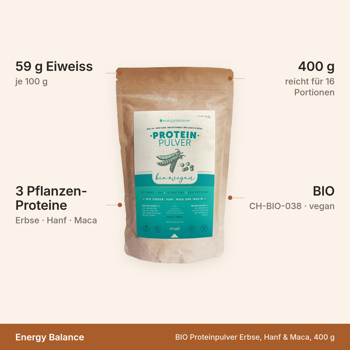 BIO Proteinpulver – 59 g Eiweiss je 100 g, drei Pflanzenproteine, 400 g für 16 Portionen, BIO