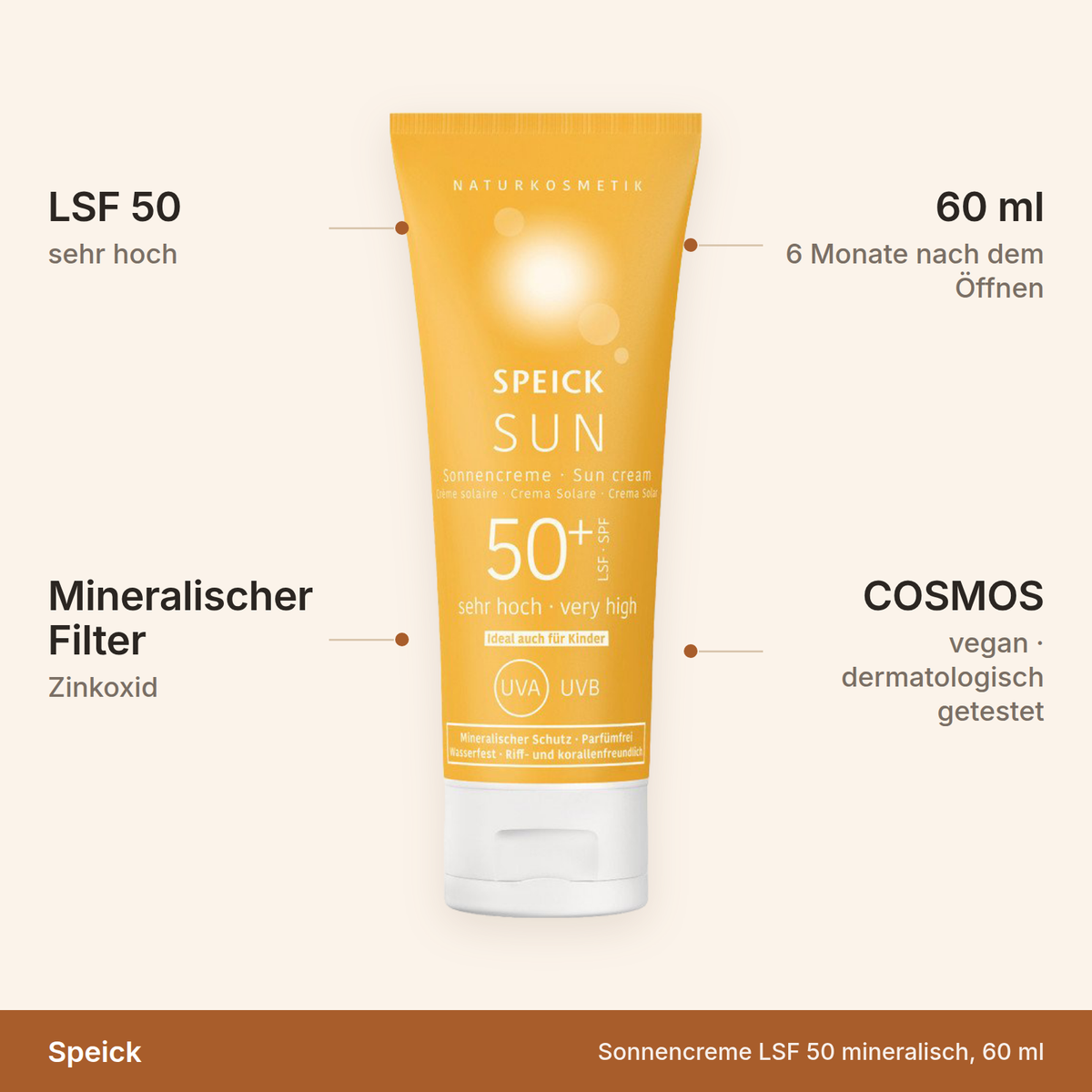Speick Sonnencreme – LSF 50, mineralischer Filter mit Zinkoxid, 60 ml, COSMOS-zertifiziert