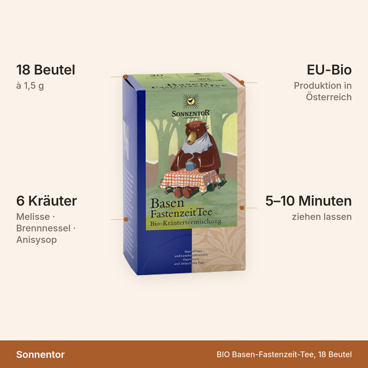 Basen-Fastenzeit-Tee – 18 Beutel à 1,5 g, sechs Kräuter, EU-Bio, 5 bis 10 Minuten ziehen lassen