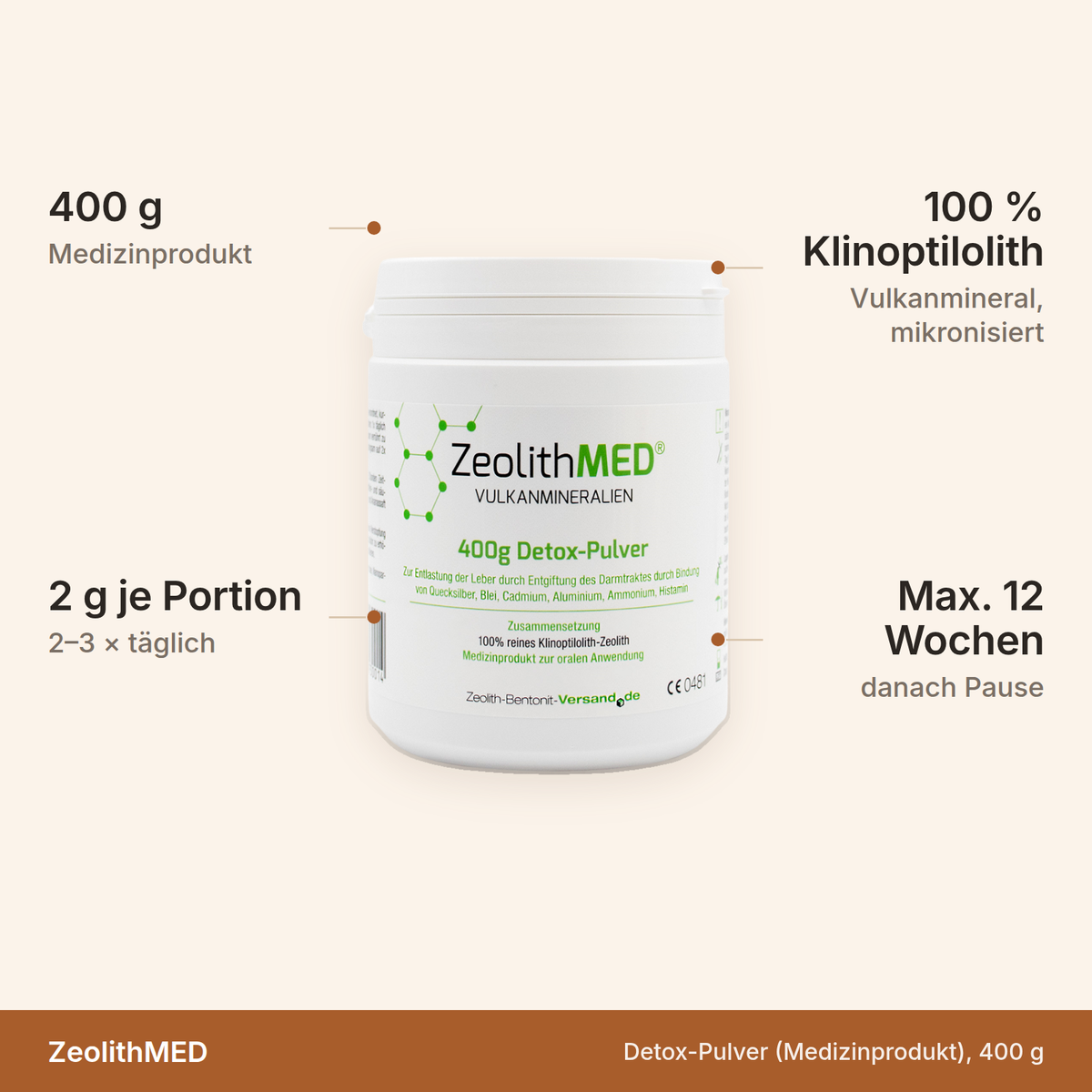 ZeolithMED Detox-Pulver – 400 g Medizinprodukt, 2 g je Portion, 100 Prozent Klinoptilolith, maximal 12 Wochen