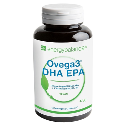 Ovega3+Vitamine B12, D3 und K2 OHNE Fisch + OHNE Gelatine mit Aktiv-Omega 3 DHA-DPA 60 Caps