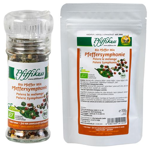 KOMBI Pfiffikuss BIO Pfeffer-Mix Pfeffersymphonie 45g Mühle + Nachfüller 100g mit Dauer-Rabatt!